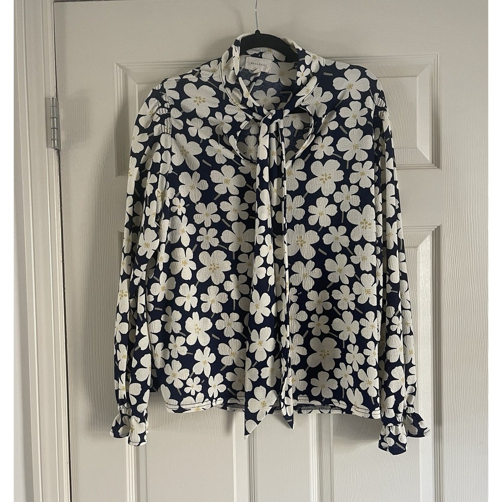 Melloday Poet Sleeve Blouse XL Floral Tie Neck Lightweight Navy & White Flowers